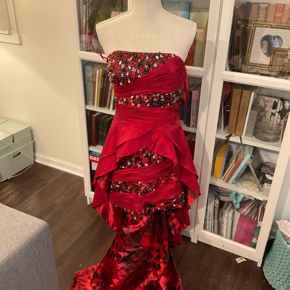 May Queen COUTURE Red Leopard-Contrast Hi-Low Gown - Picture 8 of 11